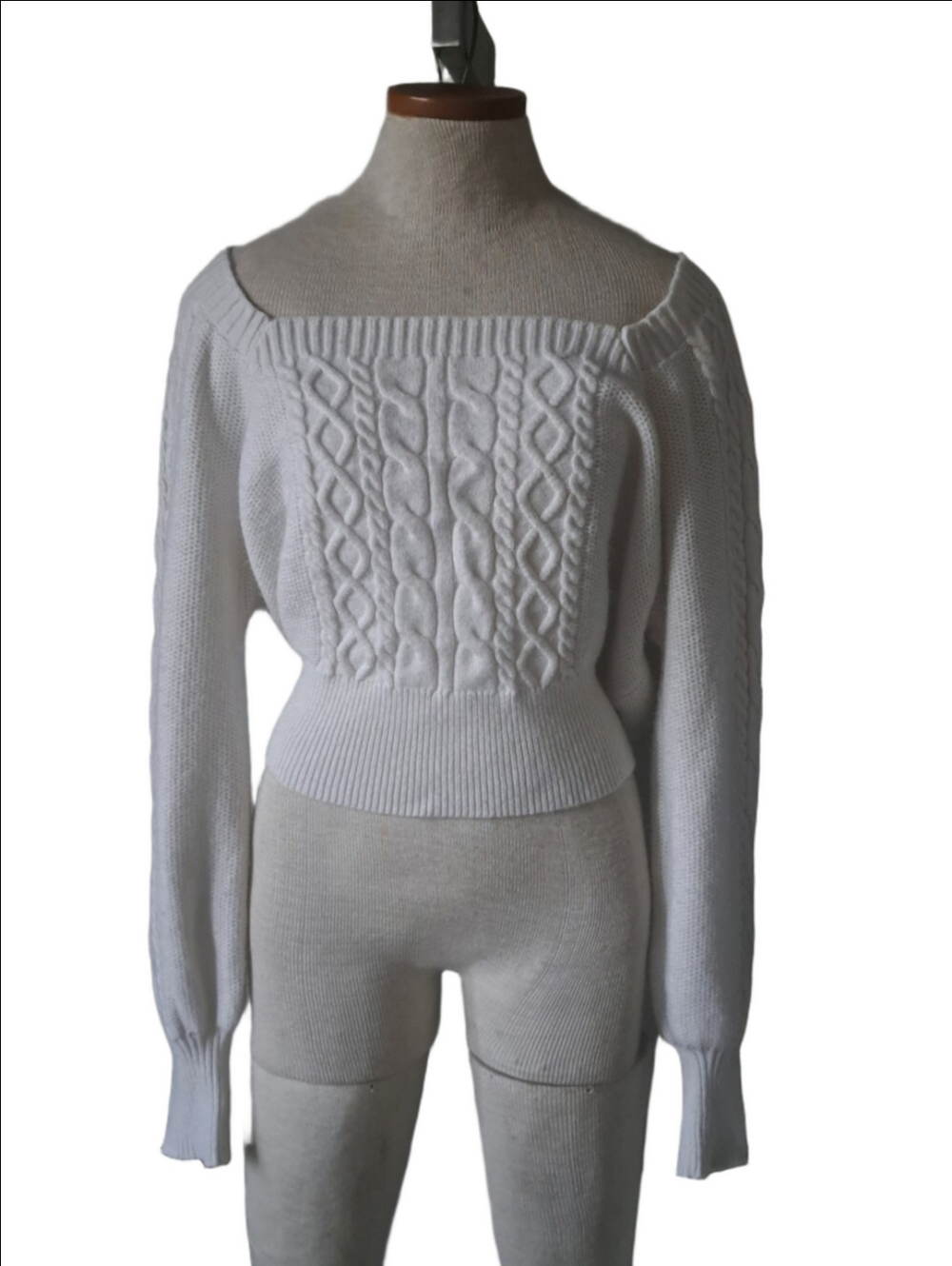 BLUE RAIN cable knit cropped off shoulder sweater white long sleeve Y2K XL